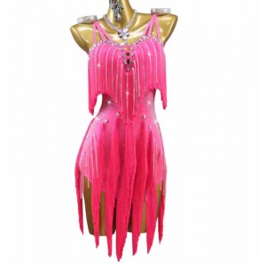 Custom size hot pink fringe competiiton latin dance dresses for girls kids juvenile fuchsia salsa rumba latin performance costumes solo dance outfits